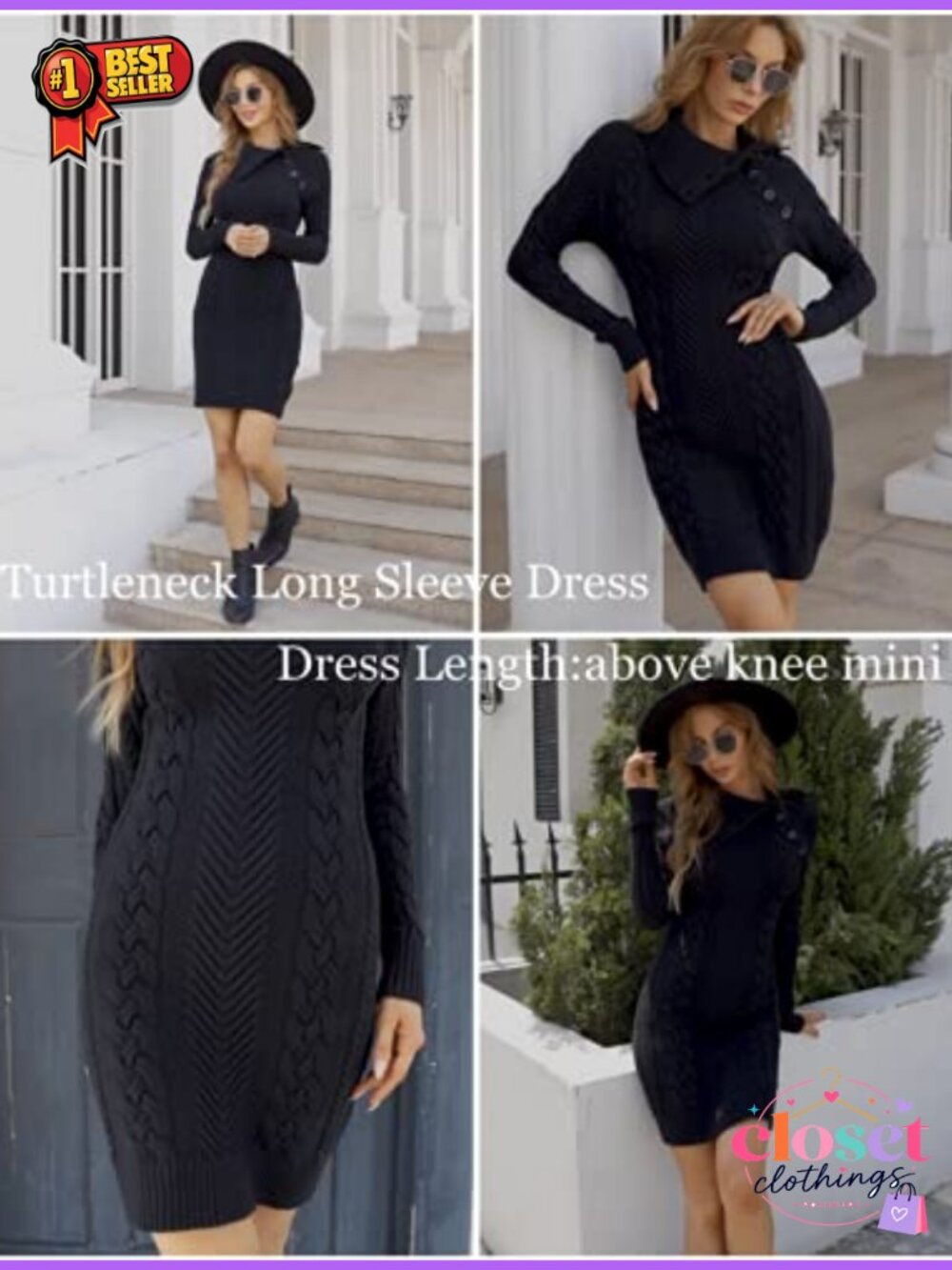 Turtleneck Long Sleeve Cable Knit Bodycon Sweater Dress - Picture 5 of 6